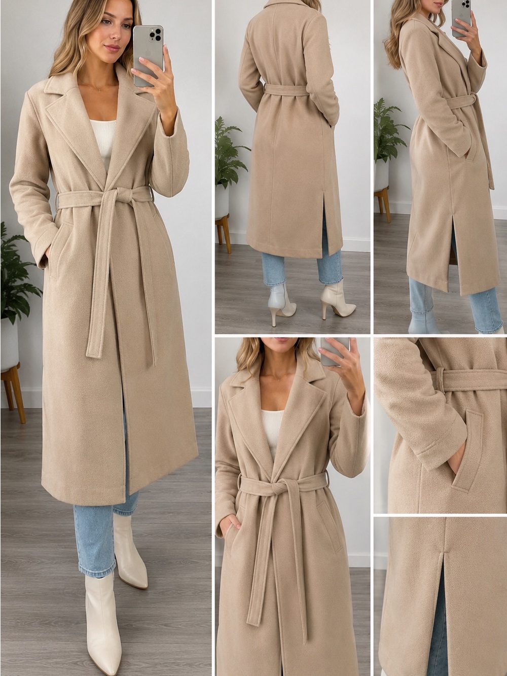 H&M Beige Belted Long Coat Women’s Size S Textured Trench Style
